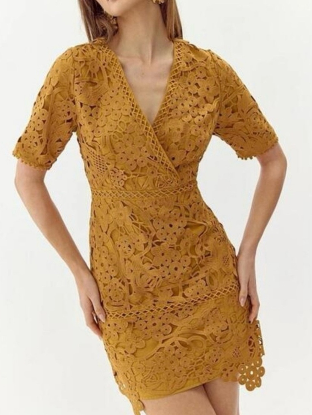 Adelyn Rae Lace V-neck Short Sleeve  Sheath Mini Dress: Color- Mustard